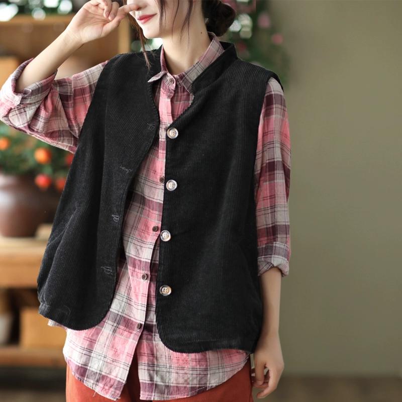 DIMANAF 2025 New Vest Short Corduroy Jacket  Autumn Sleeveless Retro Coat Buttons Women Solid