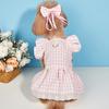 Summer Dog Clothes Bow Headdress Ruffled Sleeve Lace Hem Pullover Elegant Dressing-Up Soft Plaid Dress Pet Cat Two-legged Clothes Puppy Costume