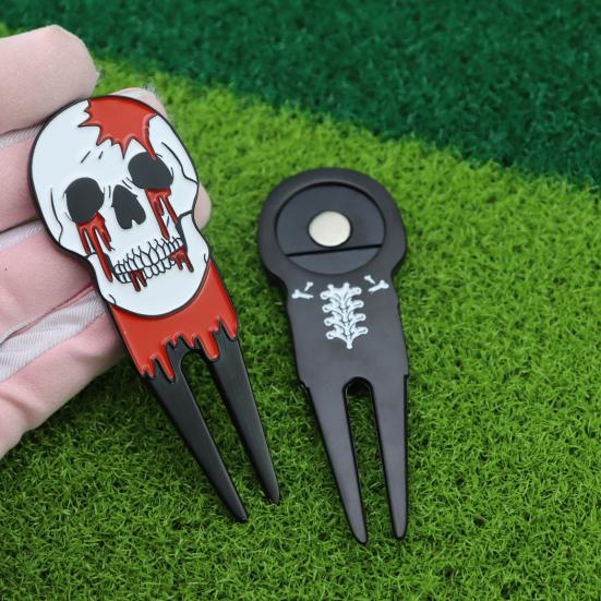 Skull Golf Divot Repair Tool Zinc Alloy Magnetic Ball Marker Holder Metal Green Fork Tool Golf Accessories Men Women Golfer Enthusiasts Gift