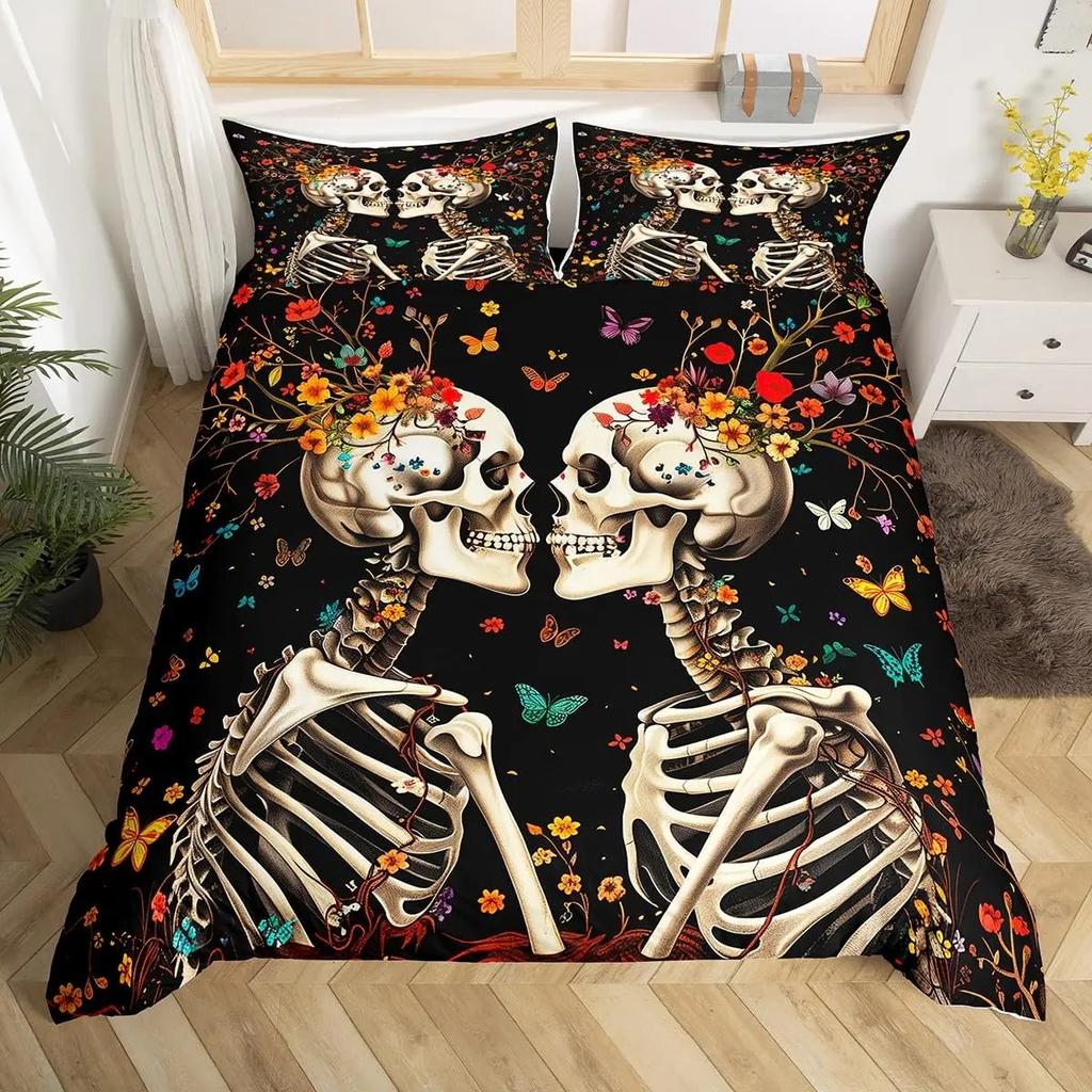 Sugar Skull Lover Bed Cover King Size Kissing Couple Skeleton Sleep Bedding Collection Red Rose Comforter Cover Death and Love Theme Quilt Cover