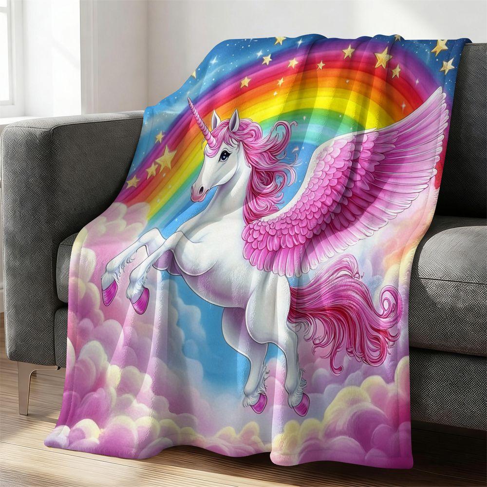 Fantasy Unicorn Flannel Blanket Soft Plush Throw Rainbow Bedding Decor Magical Winged Horse Fleece Blanket Gift Blanket 75X95CM