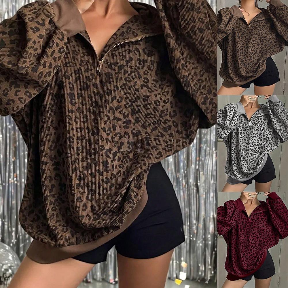 Fall/Winter New Style Women's Leopard Print Loose Fit Sport Shirt with Collar Sweater