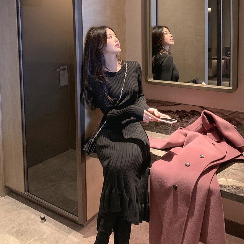 Autumn and Winter New Light Luxury Black High-end Retro Slim and Thin Temperament A-word Fishtail Dress