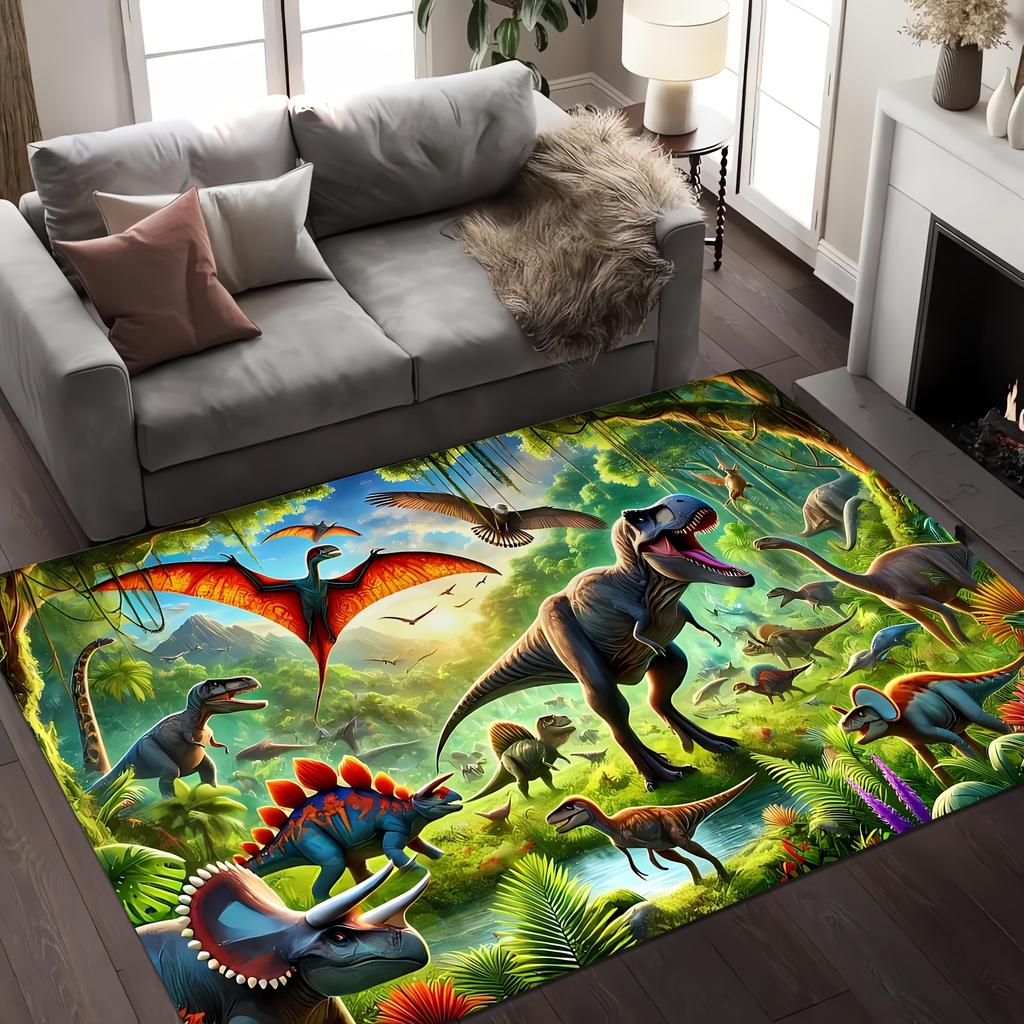Vintage Forest Dinosaur World Rug, Retro Jungle Animal Non-Slip Floor Mat, Washable Decor Carpet for Kids Room Living Room