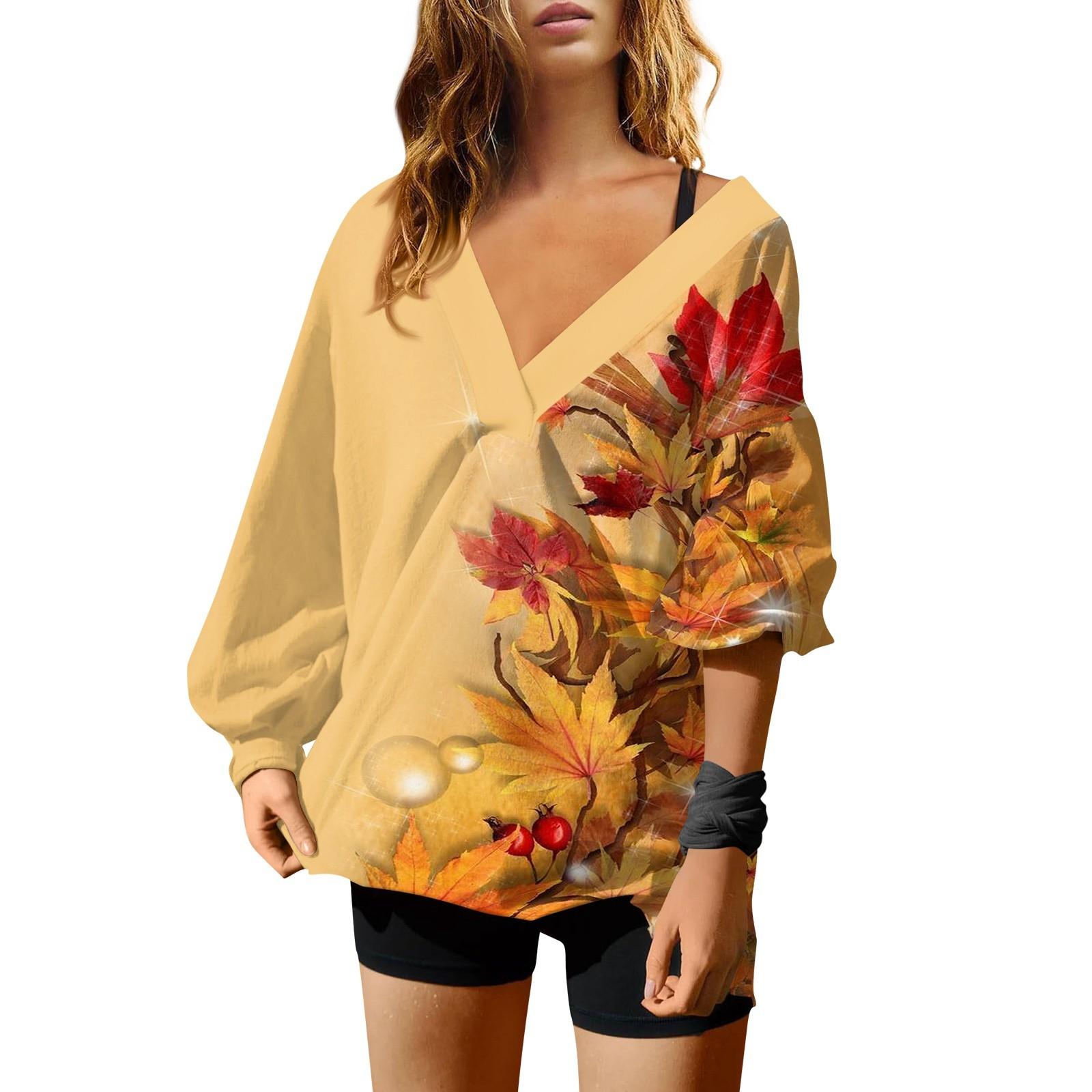 Женская мода V-образный вырез длинный рукав принтованный свободный пуловер свитшот топ XL — фото 9