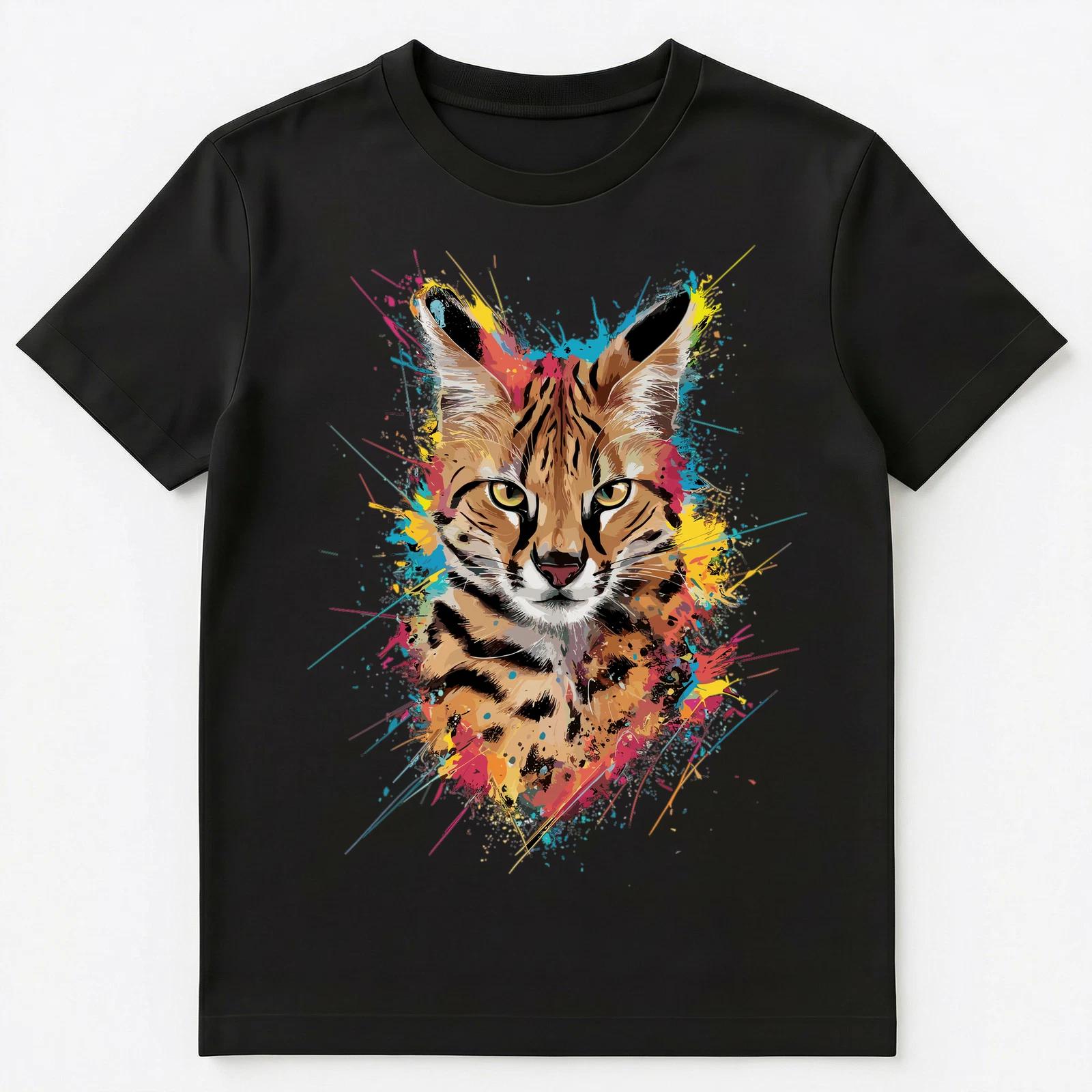 Colorful Paint Splash Serval Art Graphic Unisex T-Shirt L