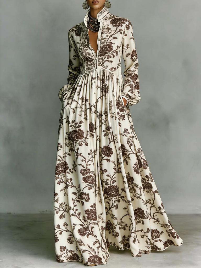 Women's Floral Print Maxi Shirt Dress Long Sleeve Button Front Casual Flowy Dress
