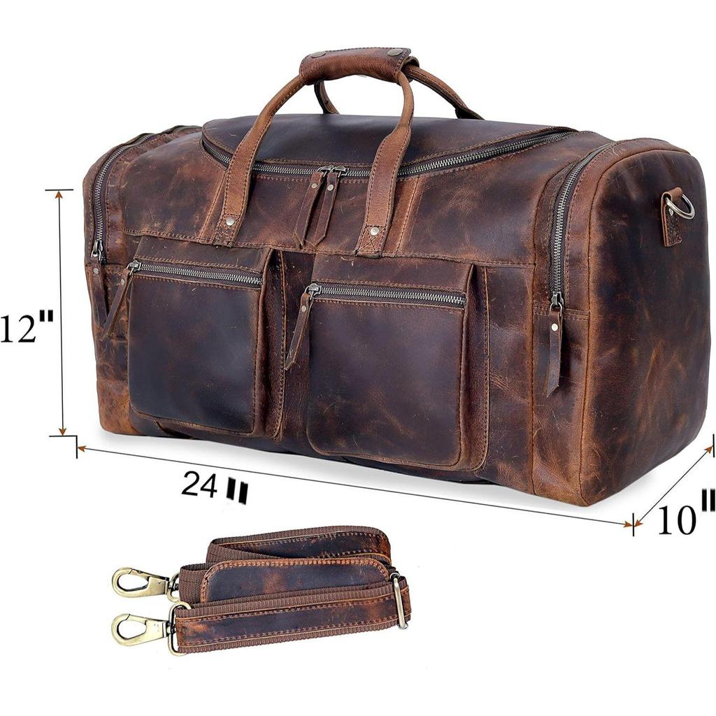 24" Reisetasche im klassischen Vintage-Stil mit modernem Retro-Look, dickes vollnarbiges Rindsleder, handgefertigtes Leder, fürs Fitnessstudio, Weekender, Reisegepäck