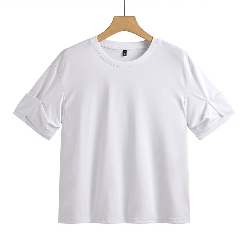 

Женская хлопковая футболка с круглым вырезом и рукавами со сборками свободного кроя на весну/лето 2025 - Модный однотонный цвет Large белый