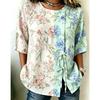 Women's Two-Tone Floral Print Drawstring Button Up Blouse, Casual Round Neck Tops for Spring Summer Daily Wear