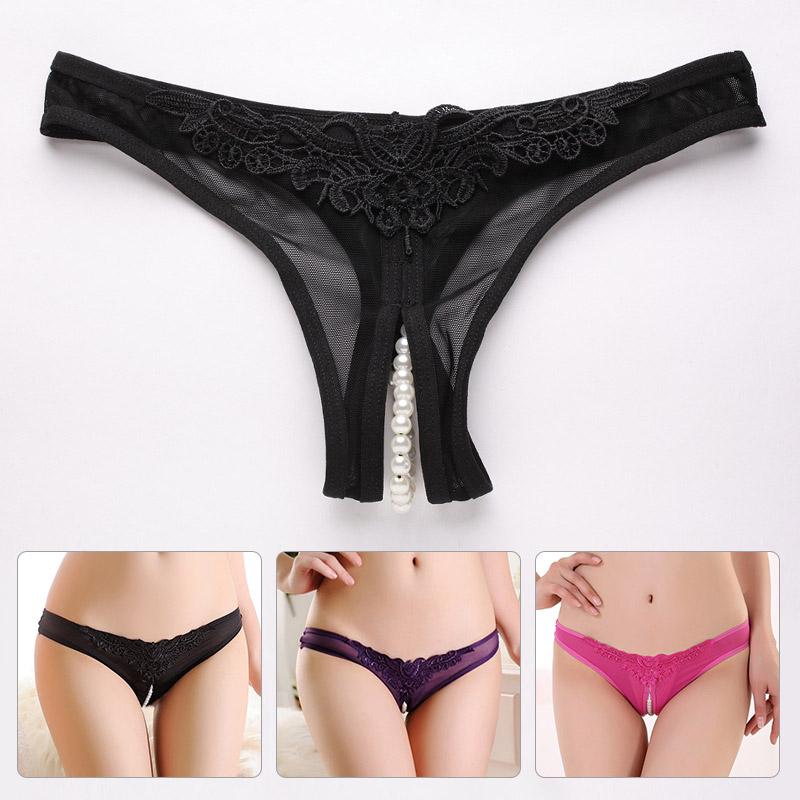 Women's Lace Briefs Ladies Exotic Open Crotch Panties Thongs Crotchless Pearl G-String Lingerie Sexy Underwear Massaging Beads