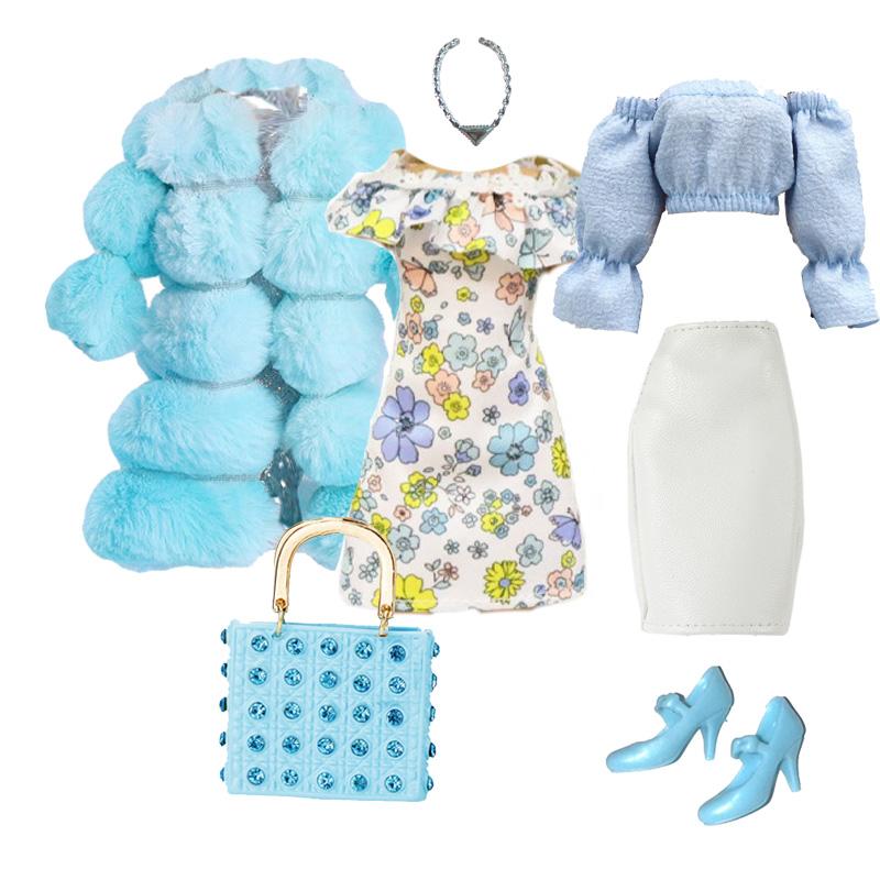 1/6 Doll Clothes Fashion Mix Blue Fur Coat Style for 12 inch Fashion Doll Outfits Set Handmade 30cm Doll Clothing Accessories