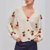 Womens V-Neck Knit Cardigan Loose Fit Cherry Embellished Open Front Sweater Street Style Long Sleeve Winter 2025