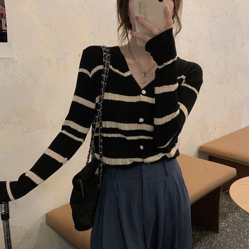 Women's Spring Outer Wear Color Block Striped Knit Cardigan Sweater Coat Slim Short Long-sleeve Top