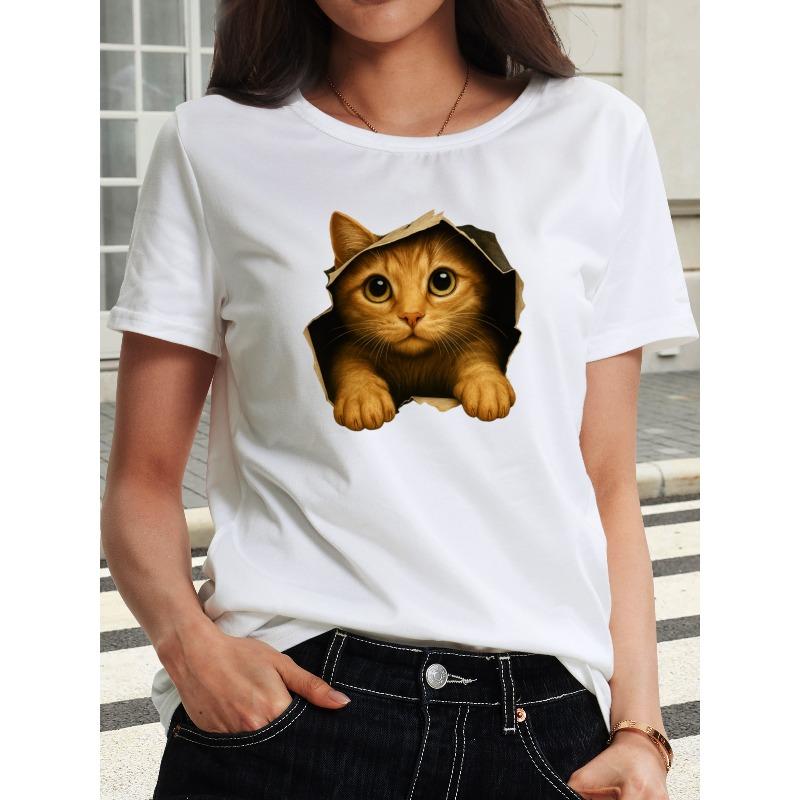 

Женская Милая Подглядывающая Футболка с Принтом Рыжего Кота Круглый Вырез Короткий Рукав Весна Лето Осень Любитель Животных Повседневный Эластичный Машинная Стирка Топ S белый