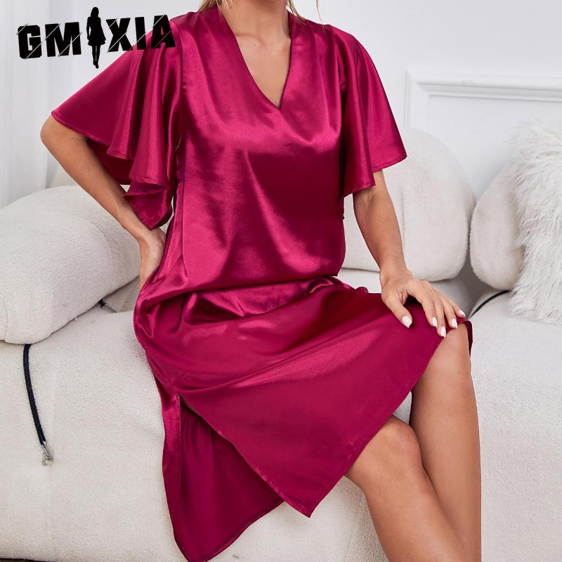 

GMXIA Pajamas Women s Summer Advanced Sense of Ice Silk Sexy Home Wear Short-sleeved Nightgowns XL