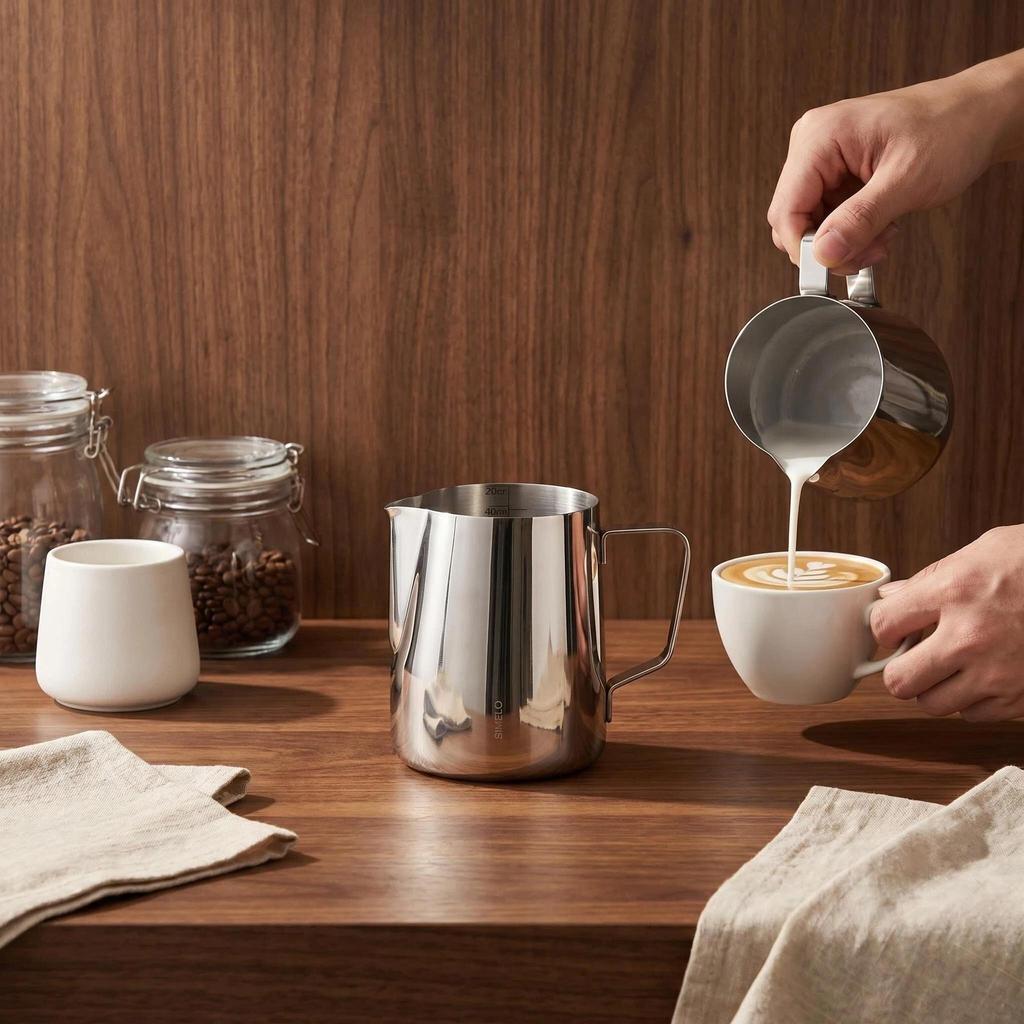 SIMELO Coffee Art Latte Art Pitcher, 304 Stainless Steel Pointed Spout Coffee Cup, Milk Frother Cup, 600ML with Scale