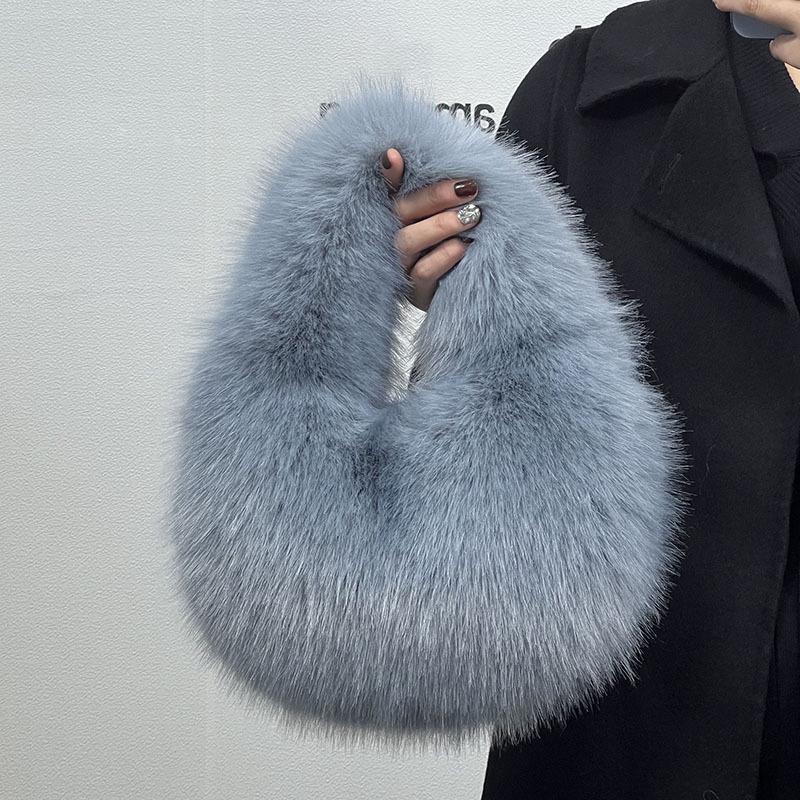 Luxury Soft Plush Half Moon Bag Faux Fur Fluffy Lady Handbags Female Winter Purse Party Clutch Bag Casual Tote Bag