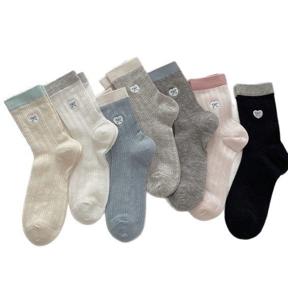 Boneless Love Embroidered Socks, Mid-Leg Socks, Thin Cotton Trendy Korean Bow Stockings