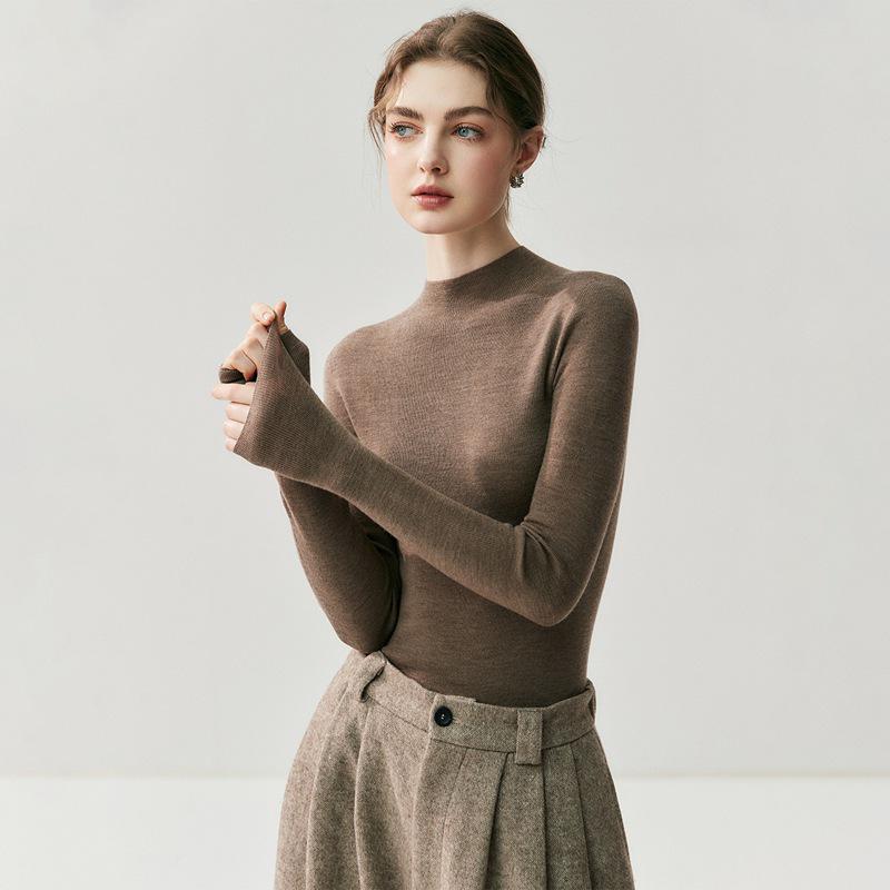 Women's Slim Fit Merino Wool Pullover Sweater - Half-High Neck, Autumn/Winter, Machine Washable