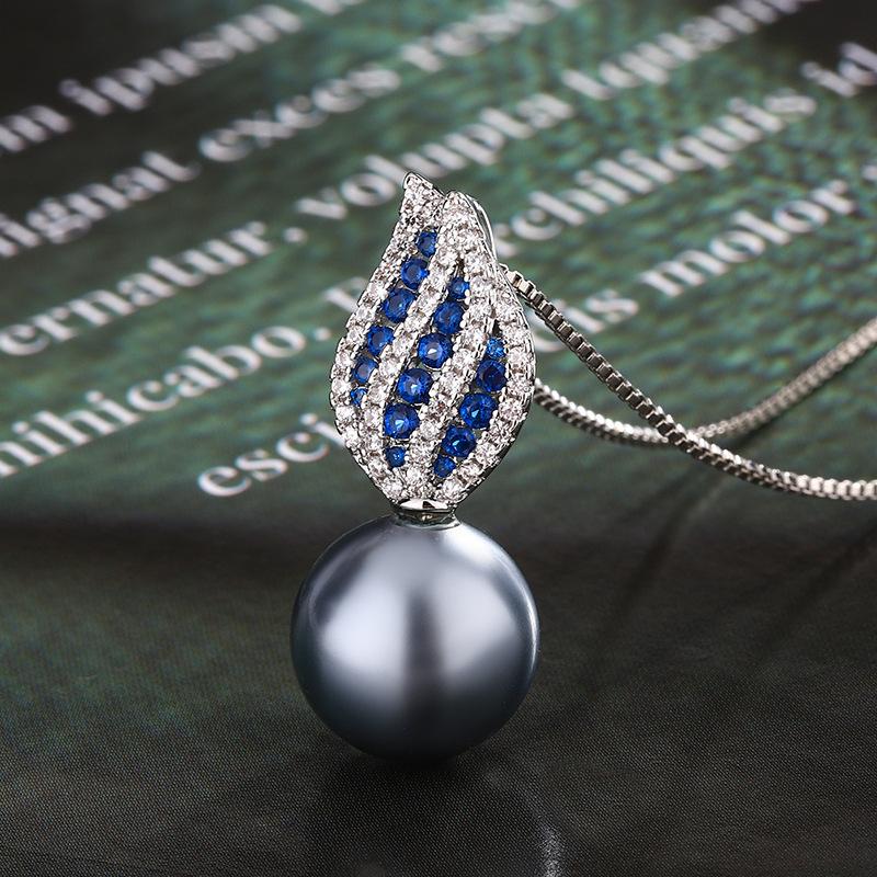 Autumn and Winter New Jewelry Imitation Natural Pearl Set Necklace Stud Earrings Blue Zircon Platinum Gray Pearl