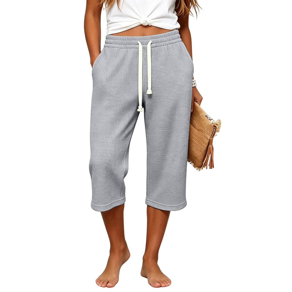 Women Waffle Knit Capri Pants High Waist Elastic Drawstring Casual Loose Fit Side Pockets Mid Length Lounge Pants Summer Wear