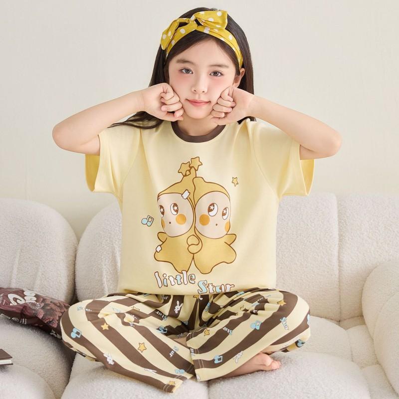 Girls Cotton Pajama Set Short Sleeve Long Pants Cartoon Print Sleepwear Kids Ages 4-12
