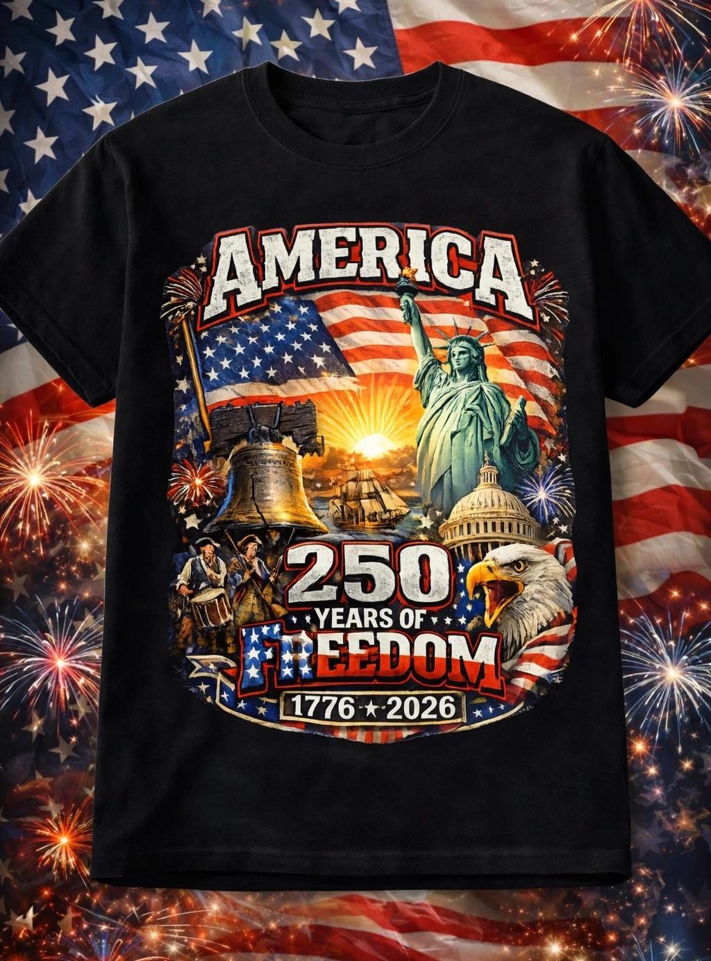 America 250 Years Freedom Shirt 1776-2026 Patriotic USA Flag July 4th Tee S-5XL XL