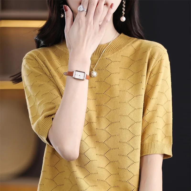 

Summer Women s Knitted T-shirt Solid Color Hollow Round Neck Knitted Ice Silk Short Sleeve Thin T-shirt Top S жёлтый