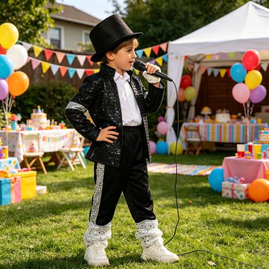 Yousheng Musician Halloween Costume Set for Kids, Black Sequin Jacket, Trousers, Hat, Gloves, 80s 90s Retro Stage Outfits for Disco Party, Fancy Dress