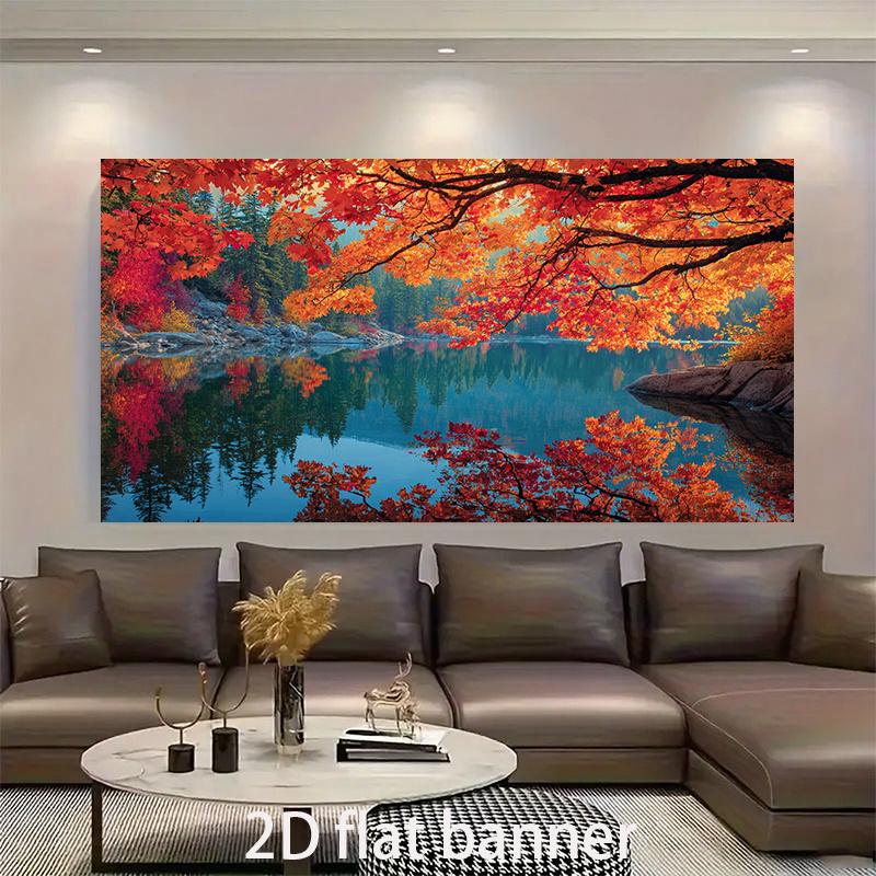 2D Plane, 1 Piece of Autumn Forest Lake Fallen Leaves - Red, Pumpkin and Violet