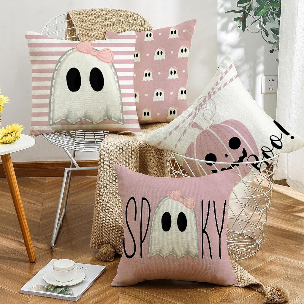 Adorable Pink Halloween Pillowcases: Ghosts, Pumpkins, And Spooky Vibes! Sofa Cushion Cover, Holiday Party Decoration, Gift