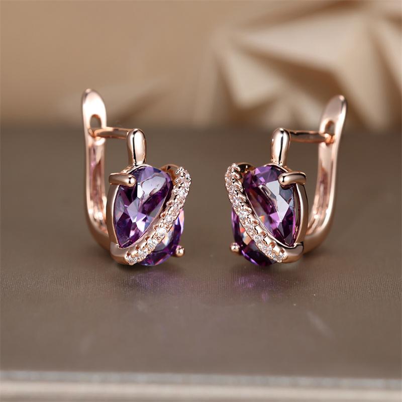 Cute Female Big Oval Stone Earrings Luxury Crystal Blue Purple Hoop Earrings Rose Gold Silver Color Wedding Earrings For Women