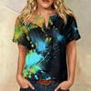 Women Casual Printed Henley Neck Button Front Pocket Short Sleeve Linen Cotton Shirt Blouse Top for Summer