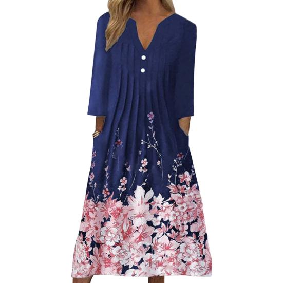 

Midi Dress Floral Print Pleated Summer Large Hem Flower Sundress Streetwear