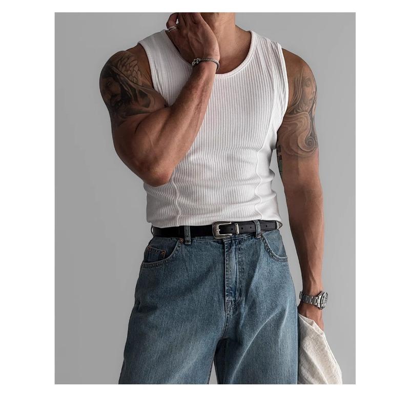 Herren Rippstrick Tanktop Slim Fit Ärmellos Muskelshirt Lässig Einfarbig Rundhalsausschnitt Weste