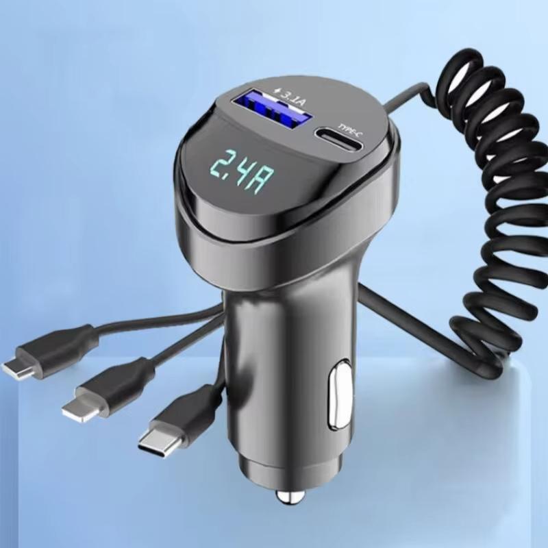 3in1 Car Bluetooth 5.0 FM Transmitter Audio MP3 Player 55W Fast Charging Car Charger with Retractable Cable Voltmeter 3.1A USB Type C Phone Charger