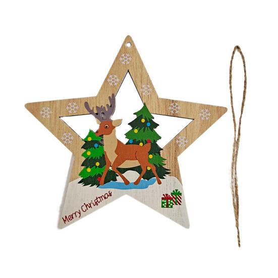 

1/4Pcs Christmas Ornament Wooden Star-Shaped Pendant Set with Reindeer Santa Snowman Elk Patterns Hanging Decoration