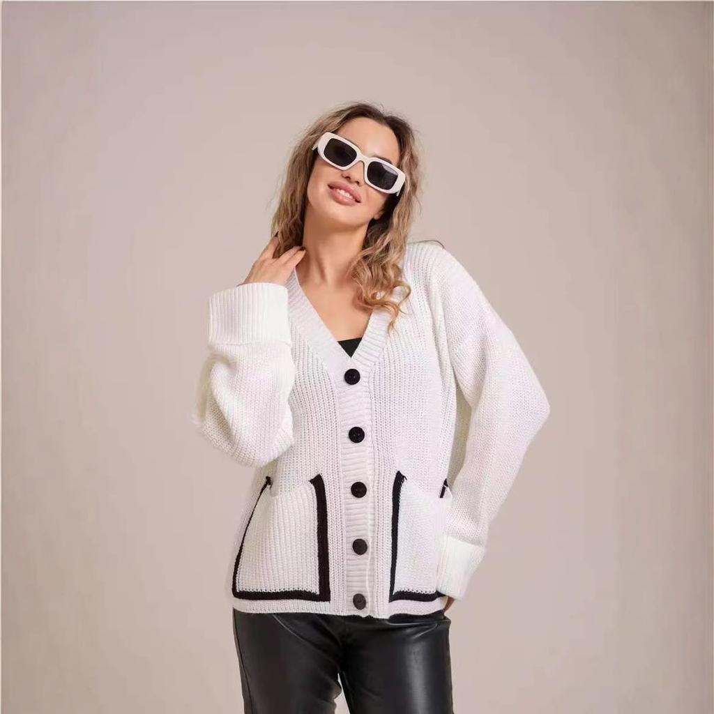 2025 Spring and Autumn New Style Women's Clothing Pocket Contrasting Color V-neck Knitted Cardigan Sweater Women's Jacket