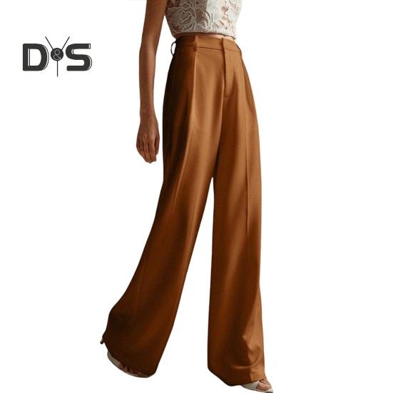 Women Pants High Waist Button Zipper Closure Straight Wide Leg Long Trousers with Pockets Solid Color Commuting Style Pants