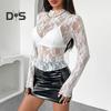 Women Tops Half High Collar Long Sleeve Embroidery Lace Flower Pattern Blouse Perspective Effect Bottoming Tops