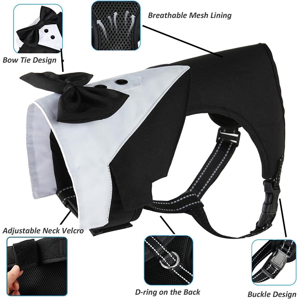 Dog Tuxedo Vest with Bow Tie, Formal Wedding Harness Outfit for Small Dogs, Puppy Party Suit Costume with Chest Strap
