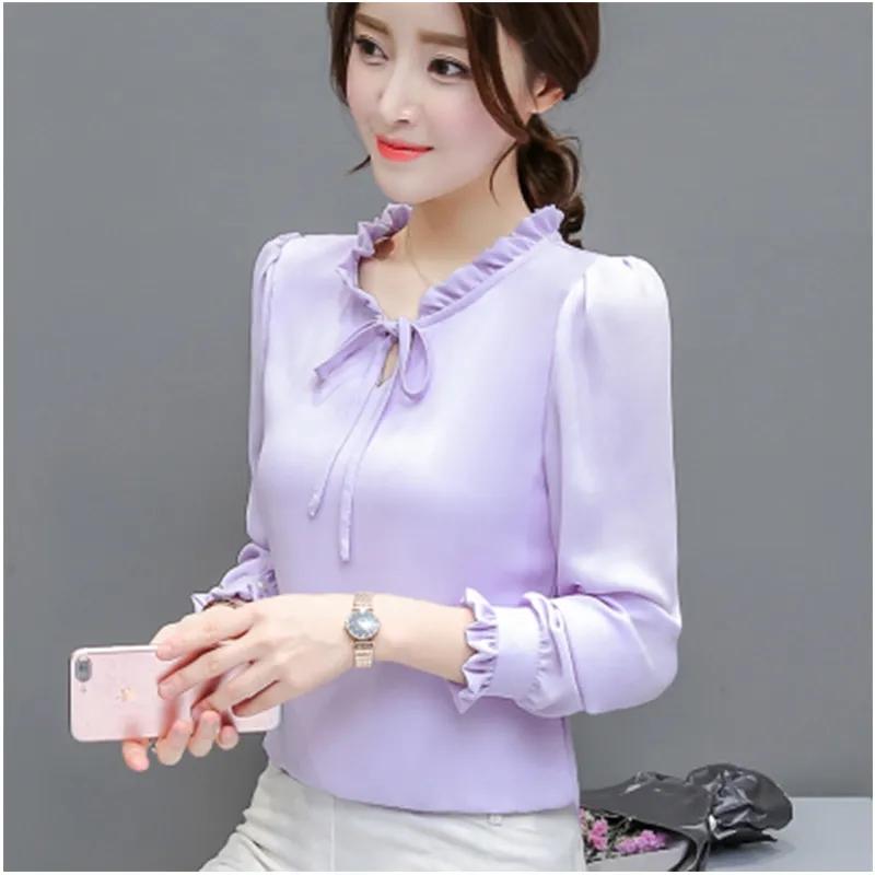 Frühling Herbst Frauen Chiffon Tops Büro Arbeit Weibliche Mode Shirts Stehen Neck Puff Langarm Blusen Rosa Weißes Hemd Top