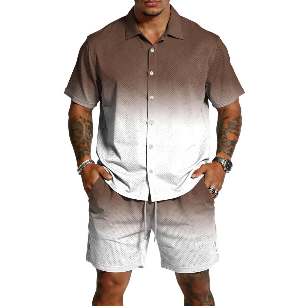 Men's Casual Short Sleeve Button Down Shirt and Drawstring Shorts Set Lightweight Breathable Summer Outfit with Gradient Design