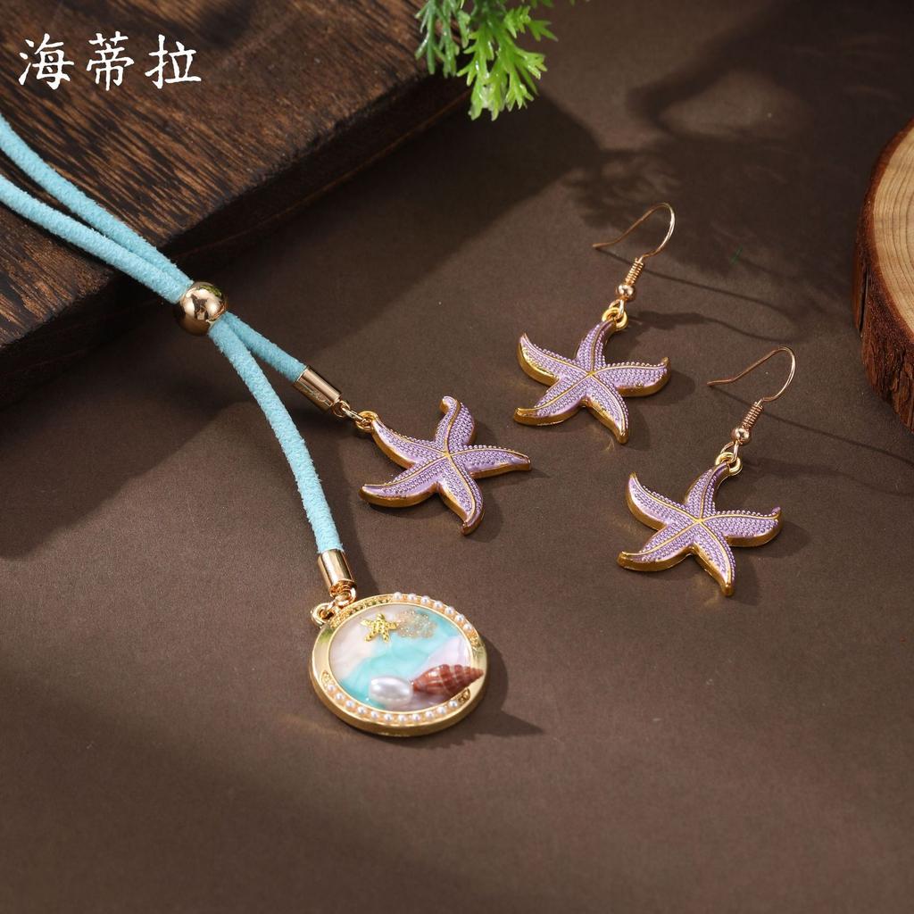 Neue Emaille Farbe Seestern Muschel Ohrringe Lange Halskette Damen Sommer Strand Klein Klar Seestern Langer Anhänger