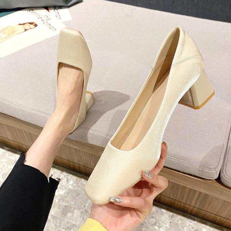 French satin apricot professional high heels spring new square head light mouth thick heel single shoes