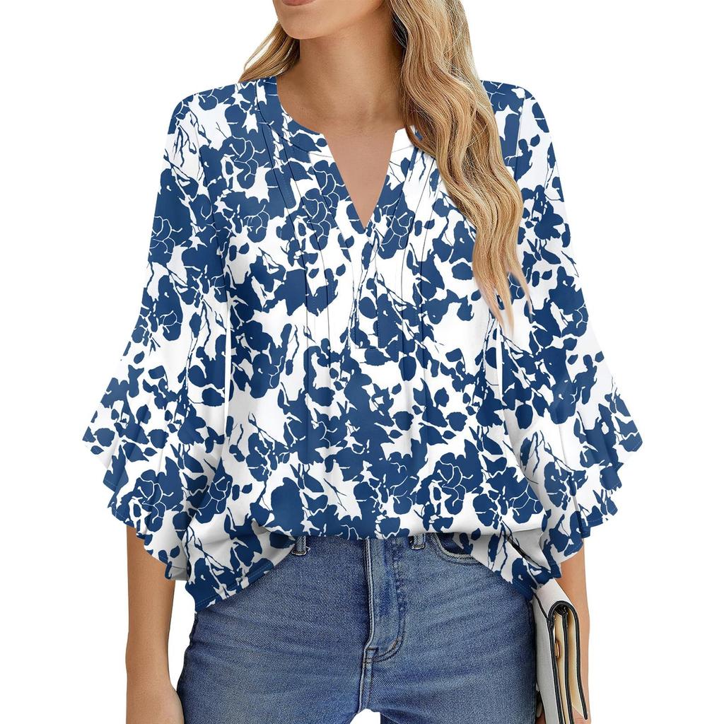 Women's Fashion Casual Pleated V-Neck Solid Color Three-quarter Sleeve T-Shirt Elegant Top