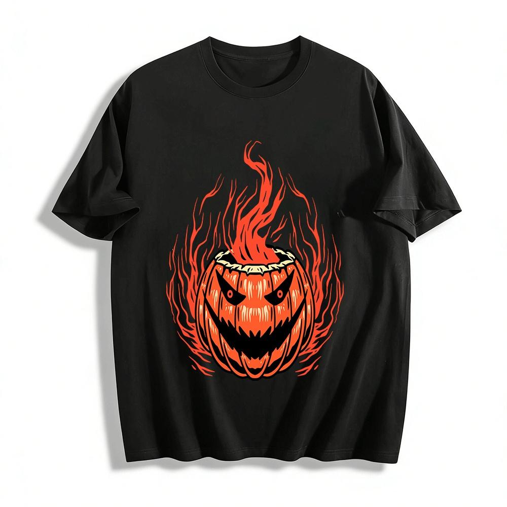 

Halloween Flame Pumpkin Head Graphic Print Casual Top Pure cotton T-shirt XXS