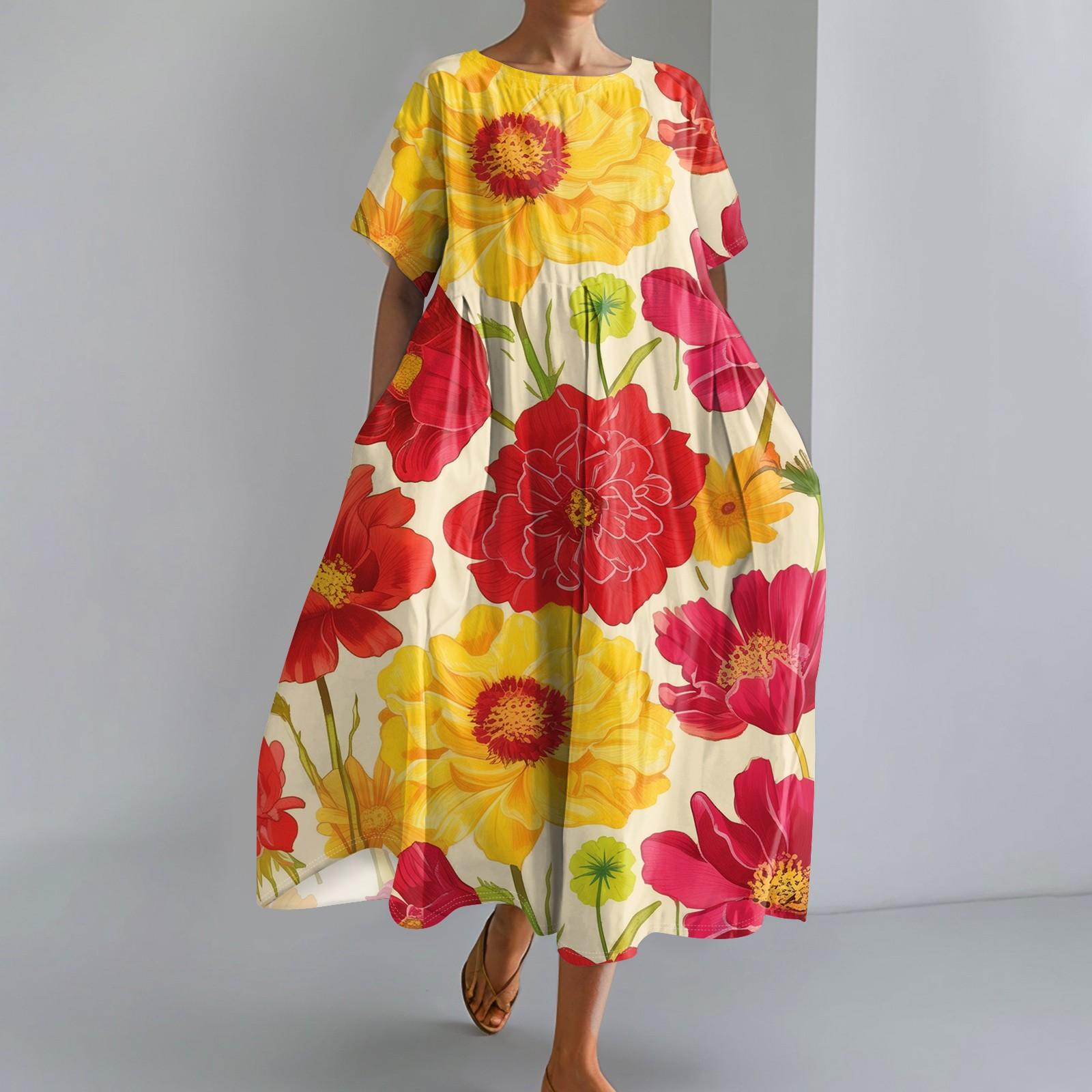 

Women s Fashionable Print Round Neck Short Sleeved Loose Hem Pocket Dress XL оранжевый