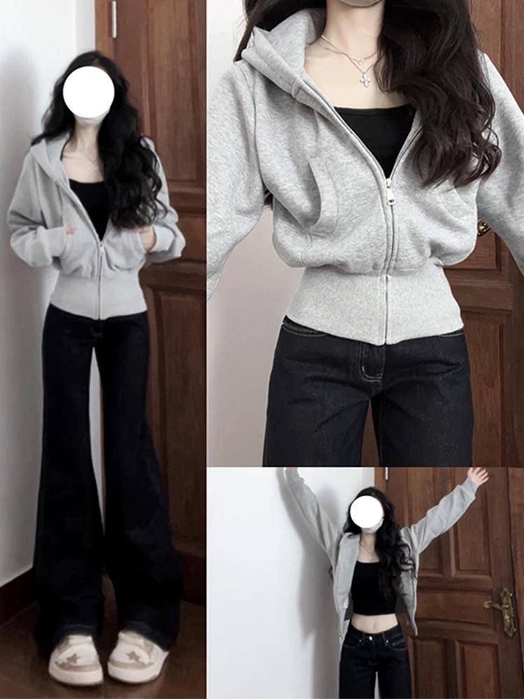 

Women s Petite Gray Fleece-Lined Hooded Sweatshirt Jacket - American Style, Thickened for Autumn & Winter 2025 Default Item